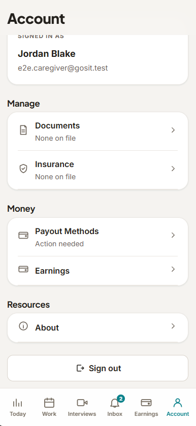 The GoSit app's Account screen, showing document, insurance, payout, and earnings menu rows.