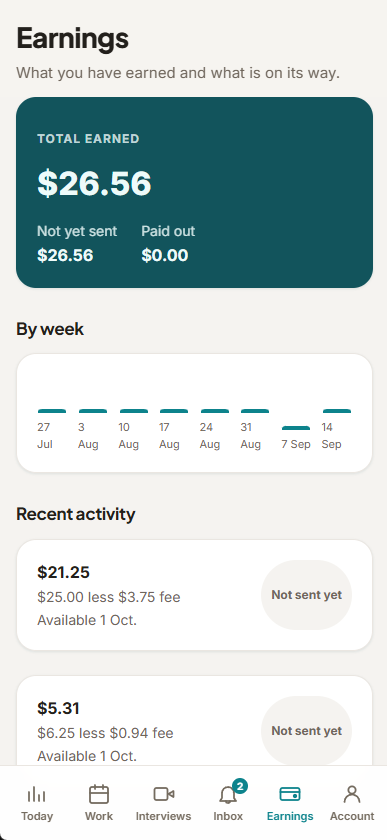 The GoSit app's Earnings screen, showing total earned, a weekly chart, and recent payouts.