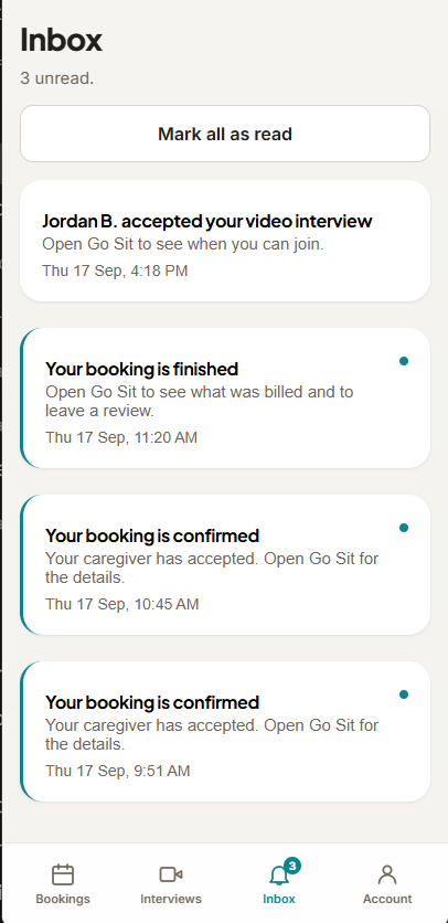 The GoSit app's Inbox screen, showing booking confirmations and interview notifications.